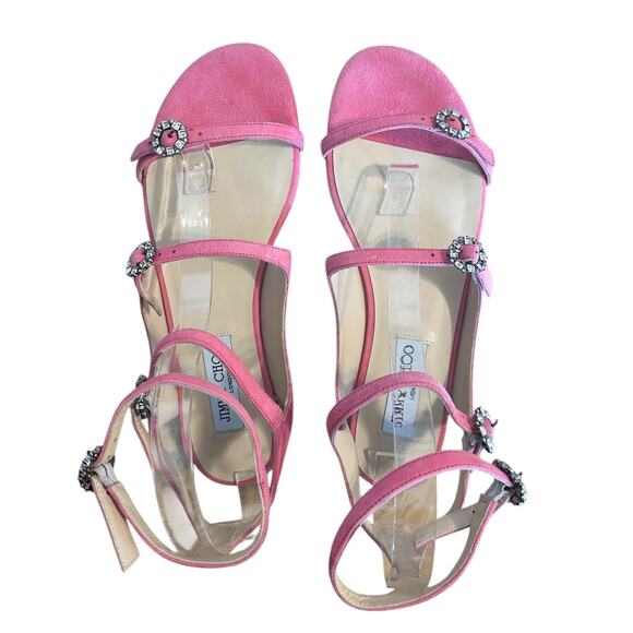 Jimmy Choo Naia Pink Suede Crystal Buckle Gladiator Flat Sandals 39 - Picture 4 of 11